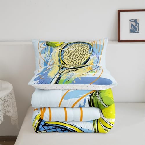 Tennis Sports Comforter Set Full Size Watercolor Street Graffiti Bedding Set Bedroom Decor Tennis Racket Quilt Set for Kids Boys Teens Modern Ball Gaming Theme Breathable Duvet Insert 3Pcs