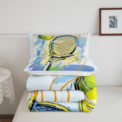 Tennis Sports Comforter Set Full Size Watercolor Street Graffiti Bedding Set Bedroom Decor Tennis Racket Quilt Set for Kids Boys Teens Modern Ball Gaming Theme Breathable Duvet Insert 3Pcs