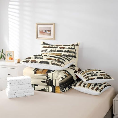Erosebridal 7 Pcs Vintage Steam Train Bedding Set for Boys Kids Travel Locomotive Train Full Comforter Set with Sheets for Teens Men Transport Vehicle Bed in A Bag Steampunk Railway Bed Sets Beige