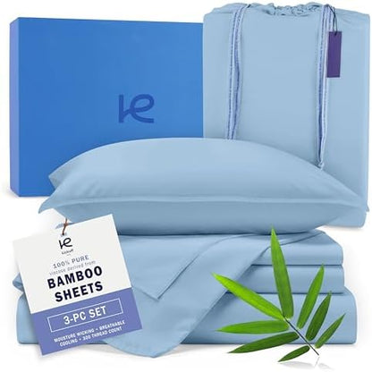 Kickoff Viscose Bamboo Sheets Twin XL Size 3-pc 100% Organic Bamboo Viscose Bed Cooling Sheets Twin XL Size Set Cool Bedding for hot Sleepers Sheet Set - Gift Ready Packaging (Light Blue, TXL)