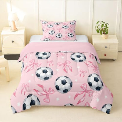 Coquette Soccer Comforter Set Twin Size,Pink Ribbon Bowknot Bedding Sets 2Pcs for Kids Girls Boys Teens Room Decor,Cute Stars Pattern Quilted Duvet Sports Bow Game Down Comforter,1 Pillowcase