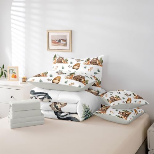Erosebridal Woodland Animals 7 Piece Comforter Set Queen Bed in A Bag Cartoon Bear Fox Deer Bedding Set Kids Jungle Wildlife Child Sheet Set with Comforter Funny Raccoon Wild Animals Duvet Insert