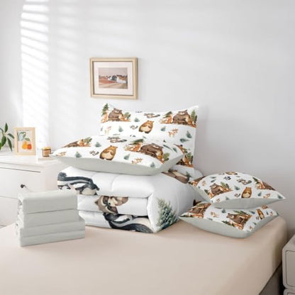 Erosebridal Woodland Animals 7 Piece Comforter Set Queen Bed in A Bag Cartoon Bear Fox Deer Bedding Set Kids Jungle Wildlife Child Sheet Set with Comforter Funny Raccoon Wild Animals Duvet Insert