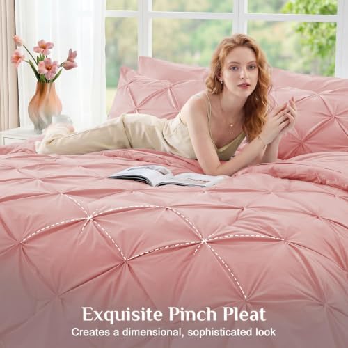 JOLLYVOGUE Oversized Queen Comforter Set 7 Pieces - Bed in a Bag Oversized Queen for All Season, Pintuck Bedding Sets with Comforter, Flat Sheet, Fitted Sheet and Pillowcases & Shams, Pink