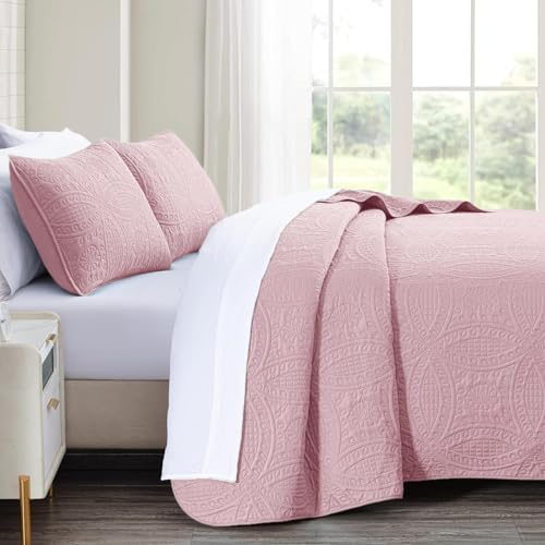 akkialla King/Cal King Quilt Set,Pink Lightweight Bedspread with Coin Pattern, Soft Microfiber Coverlet for All Seasons, Breathable and Skin-Friendly Fabric (1 Quilt, 2 Pillow Shams)