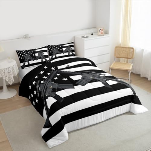 American Flag Comforter Set Twin Size Machine Gun Down Comforter for Kids Teens Adult Men Bedroom USA Federations Stars Stripe Bedding Set United States Military Rifle Duvet Sets, Black and White