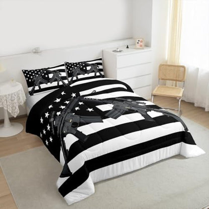 American Flag Comforter Set Queen Size Machine Gun Down Comforter for Kids Teens Adult Men Bedroom USA Federations Stars Stripe Bedding Set United States Military Rifle Duvet Sets, Black and White