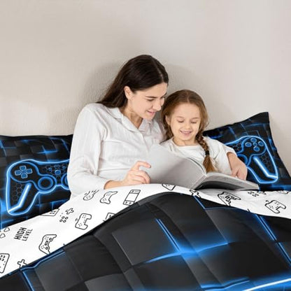 Feelyou Kids Gamer Comforter Set Queen Size Blue Black Bedding Set Boys