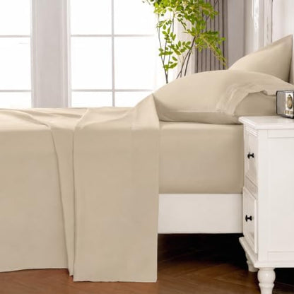 Sand Color King Size Sheet Set, Pre-washed Microfiber Cotton-Like 4 Pcs Ultra Soft Bedding Set King, Breathable Cooling Skin-Friendly All Seasons, 1 Fitted, 1 Flat, 2 Pillowcases (Sand, King)