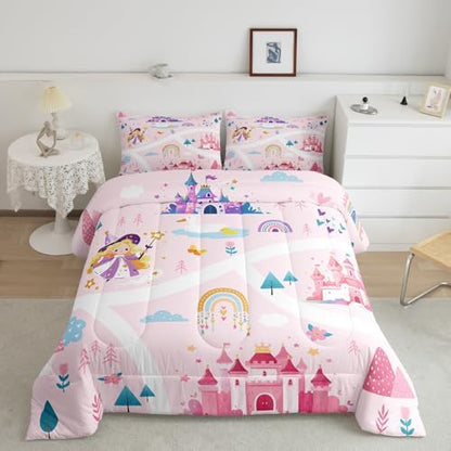 Feelyou Kids Princess Duvet Insert Full Size, Girls Dreamy Magic Castle Comforter Set Boys Girls for Cartoon Rainbow Bedding Set Fairytale Teens Bedroom Decor with 2 Pillow Case
