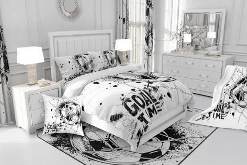 Erosebridal Kids Football Comforter Set King Size American Soccer Bedding Set Sports Games Duvet Sets for Boys Girls Children Teens Geometric Polygon Quilt for Bedroom, Black White