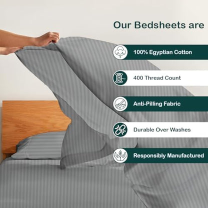 NON Sticky cotton California King 4 Piece Sheet Set, 100% Long Staple Cotton, Soft Cooling Hotel Luxury Bedding Sheets, Deep Pocket Fits 10" to 18" Mattress, 72" x 84", Light Grey Stripe