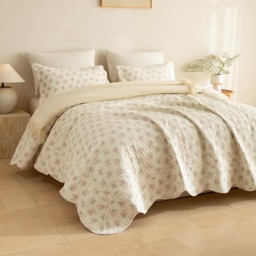 Lady Ann 100% Cotton Twin Quilt Set - Pink Flower Botanical Bedspread, Soft 68x86 Quilted Coverlet, Lightweight Farmhouse 2 Pcs Floral Bedding Set for All Season