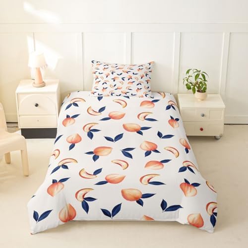 Erosebridal Peach Comforter Cover Set Twin for Girls Women Kids Cute Cartoon Fruit Printed Reversible Duvet Cover Stripe Decor Simple Soft Microfiber Polyester Bedding Set, Zipper, 2 Pieces