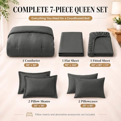 CozyLux Queen Comforter Set Dark Grey, 7 Pieces Bed in a Bag