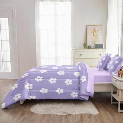 Twin Bedding Set for Girls Lavender Daisy Kids Comforter Set for Teens Purple Bed in a Bag Floral Microfiber Bed Sheet Sets