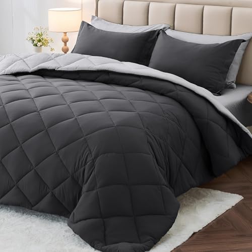 MUXHOMO 5 Pieces Twin Comforter Set, Reversible Bed in a Bag Twin Size, All Season Bedding Set with Comforter, Flat Sheet, Fitted Sheet, Pillowcases & Shams, Dark Grey & Light Grey