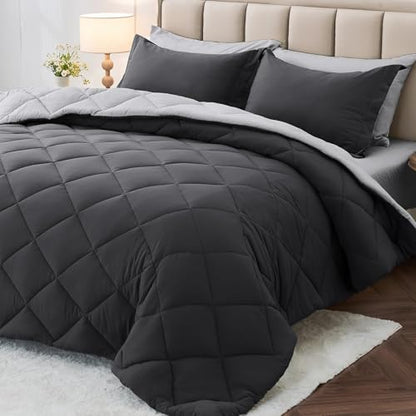 MUXHOMO 7 Pieces California King Comforter Set, Reversible Bed in a Bag Cal King Size, All Season Bedding Set with Comforter, Flat Sheet, Fitted Sheet, Pillowcases & Shams, Dark Grey & Light Grey