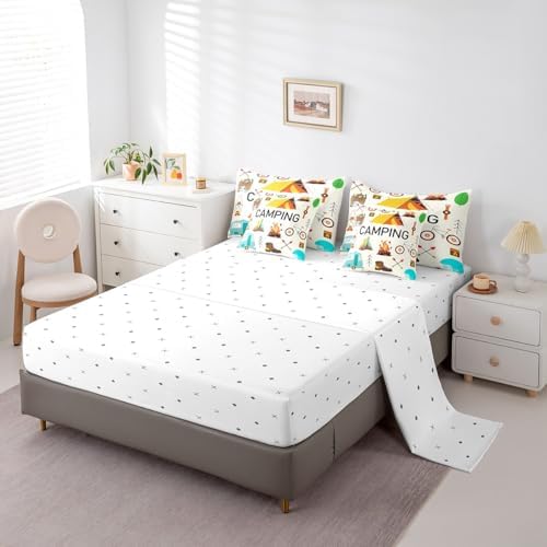 Erosebridal 7 Piece Happy Camping Full Comforter Set for Camper,RV Bunk Bedding Sets with Sheets for Kids Boys Girls,Travel Trailer Tent Decor Bed Set with Fitted Sheet+Flat Sheet,Pillowcases