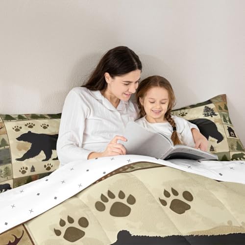 jejeloiu Bear Kids Comforter Set Toddler Size Wild Animal Bedding Set Rustic Cabin Country Duvet Quilt for Kids Boys Girls Bedroom Decor Microfiber Ultra Soft Breathable