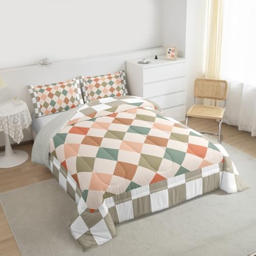 Feelyou Checkered Geometric Kids Comforter Set Twin Size Retro Green Beige Brown Plaid Bedding Set Checkerboard Modern Aesthetic Duvet Quilt for Kids Boys Girls Bedroom Reversible Grey Decor