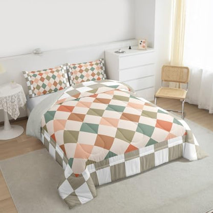 Feelyou Checkered Geometric Kids Comforter Set Twin Size Retro Green Beige Brown Plaid Bedding Set Checkerboard Modern Aesthetic Duvet Quilt for Kids Boys Girls Bedroom Reversible Grey Decor