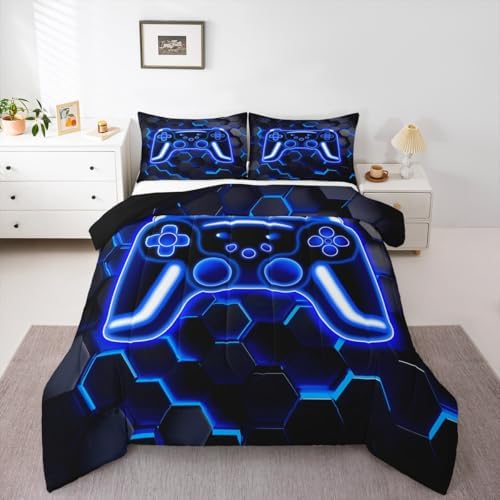 Erosebridal Gaming Comforter Set Neon Honeycomb Gamer King Bedding Set, Retro Game Console Comforter Blue Hexagon Lights Duvet Insert,Gamer Room Decor for Boys