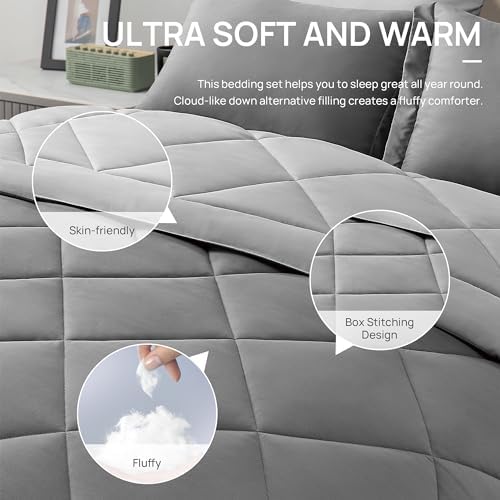 Love's cabin King Size Comforter Set Grey, 7 Pieces King Bed in a Bag, All Season Bedding Sets with 1 Comforter, 1 Flat Sheet, 1 Fitted Sheet, 2 Pillowcase and 2 Pillow Sham