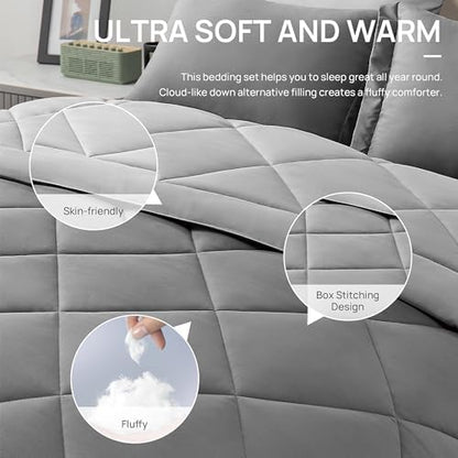 Love's cabin Queen Comforter Set Grey, 7 Pieces Queen Bed in a Bag, All Season Bedding Sets with 1 Comforter, 1 Flat Sheet, 1 Fitted Sheet, 2 Pillowcase and 2 Pillow Sham