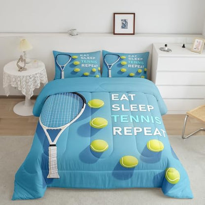 Castle Fairy Sports Tennis Bedding Set Full Size Tennis Racket Balls Comforter Set for Kids Teens Room Decor Fashion Sport Competition Duvet Insert SkyBlue Yellow Down Comforter Set,3Pcs
