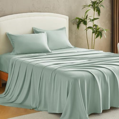 Andency Sateen Sheets Set, 100% Viscose Derived from Bamboo, Hotel Luxury Silky & Cooling for Hot Sleepers, Deep Pocket Up to 16", Sateen Green Queen