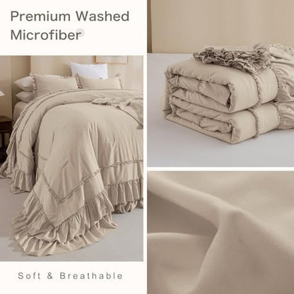 Masaca Oversized King Comforter 128x120,Farmhouse Shabby Boho Chic Ruffled Bedding Comforter Set,Extra Large King Size Ruffle Comforter Sets Vintage French Country Bedding Set Ultra Soft