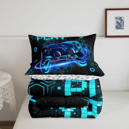 Feelyou Gamer Kids Comforter Set King Size Gaming Bedding Set Game Room Decor Duvet Quilt for Kids Boys Girls Bedroom Gamepad Decor Blue Microfiber Ultra Soft Breathable
