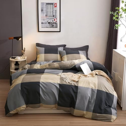Buffalo Plaid Duvet Cover Set Twin, Soft 100% Cotton Retro Plaid Checkered Comforter Cover, 3 Piece Breathable Geometric Duvet Cover with Zipper Closure Farmhouse Checkered Bedding Set for Men Boys