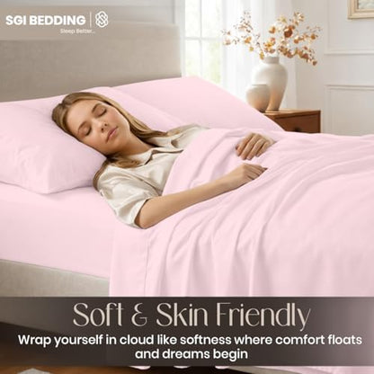 SGI bedding 100% Egyptian Cotton Sheets Twin Size – Cooling Sheets, Soft Breathable Blush Bedding, Luxury Bedding, Luxury Hotel Sheet Set, Deep Pocket 16", 4 Piece Set