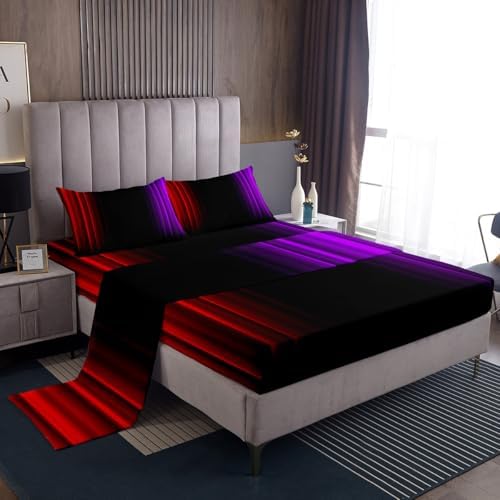 Feelyou Teens Abstract Ombre Decorations Bedding Set for Kids Women Red Purple and Black Bed Sheets Set Geometric Modern Fitted Sheet Sets Room 4Pcs Full Size