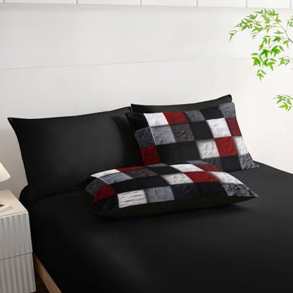 7 Piece Black White Red Checkered King Size Comforter Set with Sheets，King Size Quilt Bedding Set Checkered，(1 Comforter, 1 Flat Sheet, 1 Fitted Sheet, 2 Pillowcase and 2 Pillow Sham)