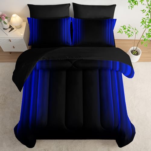Nttopship Blue and Black Bedding Set Full Size Abstract Ombre Comforter Set Bedding Set 7 Piece in A Bag,Dark Quilt Set Mordern Art Decor All Seasons with Pillowcases,Flat, Fitted Sheet