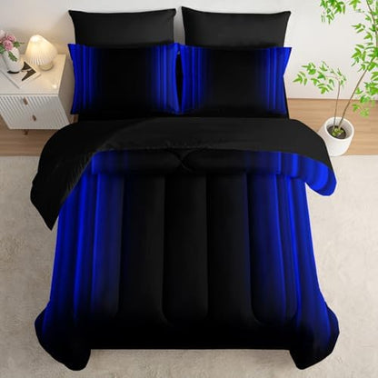 Nttopship Blue and Black Bedding Set Full Size Abstract Ombre Comforter Set Bedding Set 7 Piece in A Bag,Dark Quilt Set Mordern Art Decor All Seasons with Pillowcases,Flat, Fitted Sheet
