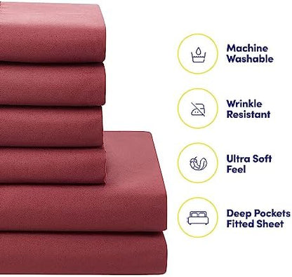 Sweet Home Collection 7 Piece Comforter Set Bag Solid Color All Season Soft Down Alternative Blanket & Luxurious Microfiber Bed Sheets, Burgundy, Twin XL