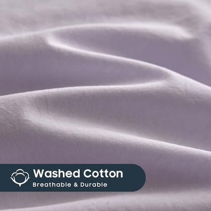 Wake In Cloud - Cotton Duvet Cover Set, 100% Washed Cotton, Linen Like Textured, Breathable Durable Comfy Farmhouse Neutral Bedding Set, 3 Pieces, Light Purple, Queen Size