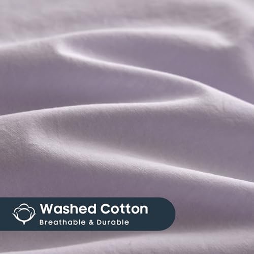 Wake In Cloud - Cotton Duvet Cover Set, 100% Washed Cotton, Linen Like Textured, Breathable Durable Comfy Farmhouse Neutral Bedding Set, 3 Pieces, Light Purple, Twin/Twin XL Size
