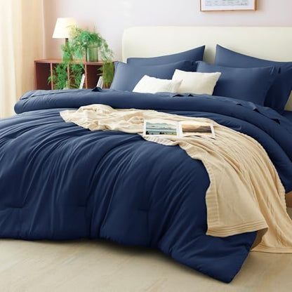 CozyLux Oversized Queen Comforter Set Navy, 7 Pieces Bed in a Bag