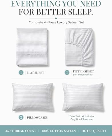450TC 100% Cotton Sheets Queen Size Bed Set - Sateen Weave, Ticking Stripe