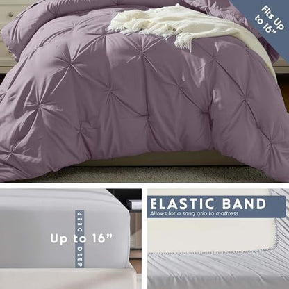 Nestl 7 Piece Twin XL Comforter Set – Grayish Purple Pinch Pleated Bed in a Bag – Complete Twin XL Size Bedding Set with Sheets, Set of 2 Cooling Pillows, Pillowcase and Sham