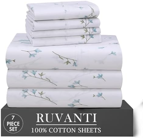 RUVANTI 100% Cotton Split King Sheets, Percale Sheets Set, Burgeon
