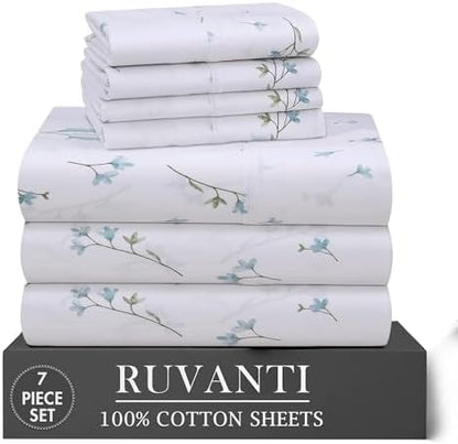 RUVANTI 100% Cotton Split King Sheets, Percale Sheets Set, Burgeon
