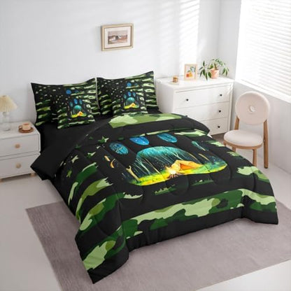Erosebridal American Flag 7 Pieces Bedding Set Army Green Camo Full Comforter Set for Boys Girls Bear Claw Hunting Theme Bed in A Bag with Flat and Fitted Sheet Camoflage Camping Campfire Bed Set