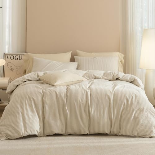 JIYUAN Full Washed Cotton Duvet Cover Set, 3-Piece, Linen-Like Pinstripe