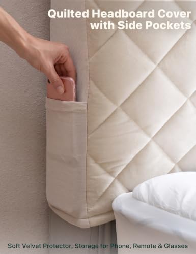 Velvet Bed Headboard Cover Slipcover - Stretch Quilted & Thicken Dustproof Protector for Queen/King, Washable Decorative Headboard Cover for Bedroom (Beige, 75x27.5 inch)